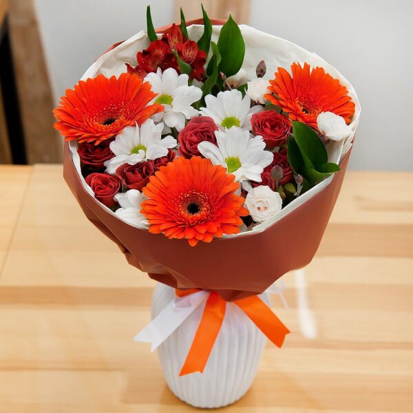 Bacardi White Spray Chrysanthemum - 2, Bright pink spray rose mix, 50 cm - 3, Alstromeria white, soft pink - 3, Gerbera pink - 5, Eucalyptus Cinerea, Wrapping Paper