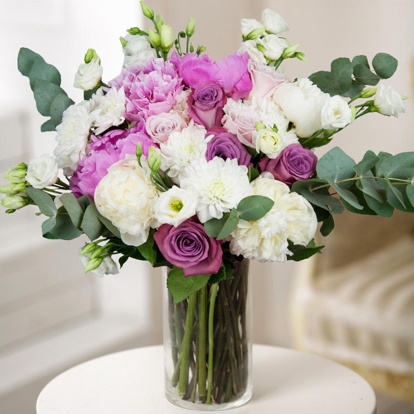 Peony pink - 6, Pink rose 50 cm - 10, Peony white - 5, lisianthus - 3, Baltica White Spray Chrysanthemum - 3, Eucalyptus Cinerea, Wrapping Paper, Eucalyptus Cinerea
