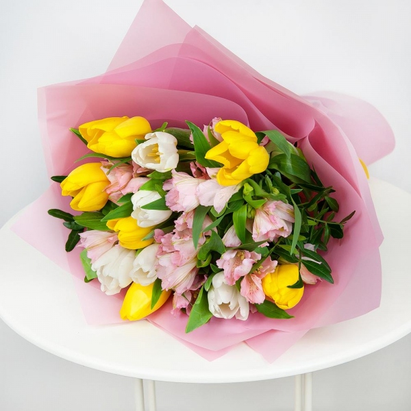 Alstromeria white, soft pink - 9, Tulip white - 9, Yellow tulip - 8, Pistachio, Wrapping Paper, Ribbon
