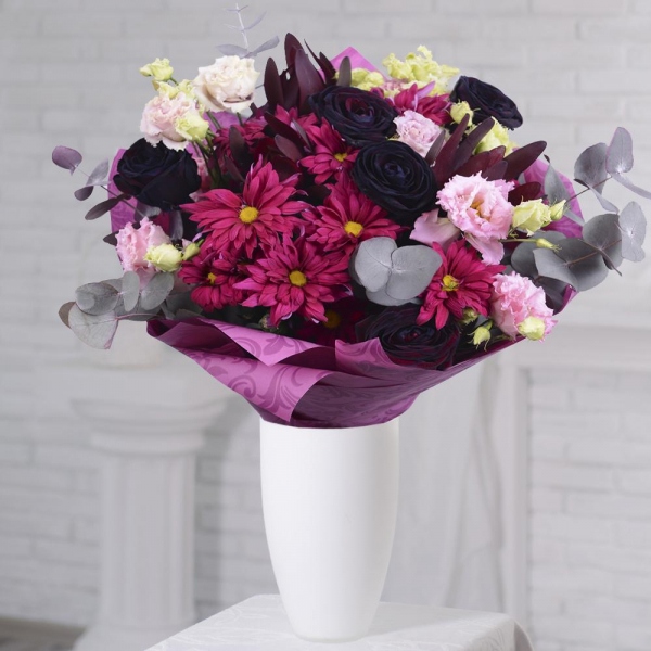 Rose black - 9, Bacardi Red Spray Chrysanthemum - 4, Pink Lisianthus (Eustoma) - 7, Leukodendron, Eucalyptus Cinerea, Wrapping Paper, Film, Ribbon