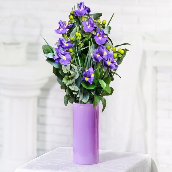 Irises - 15, Hypericum, Eucalyptus parvifolia (1 pc.), Ruscus, Ribbon