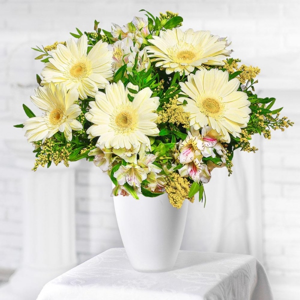 Gerbera white - 9, Alstromeria white, soft pink - 9, Solidago (1 pc.), Pistachio, Sisal, Ribbon