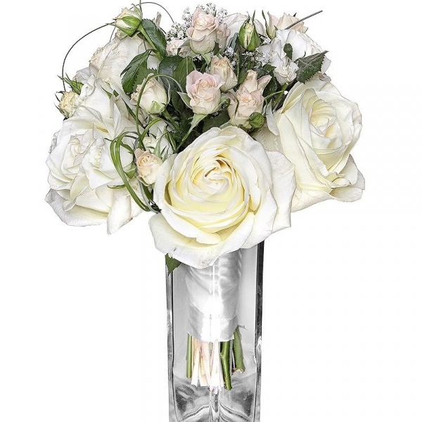 White rose 50 cm - 9, Spray rose: white, cream, light pink 50 cm - 5, Gypsophila - 1, Beargrass (1 pc.), Ruscus, Ribbon