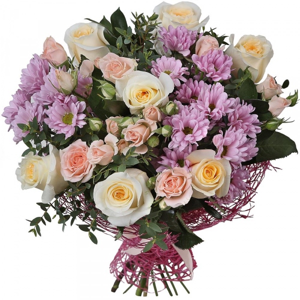 Rose Cream 50 cm - 9, Spray rose: white, cream, light pink 50 cm - 4, Bacardi Pink Spray Chrysanthemum - 4, Pistachio, Wrapping Paper