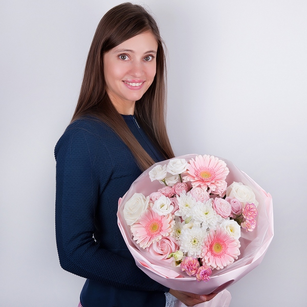 Gerbera pink - 3, Pink rose 50 cm - 3, White rose 50 cm - 2, Baltica White Spray Chrysanthemum - 1, Peony sprayrose - 2, Pink spray carnation - 2, lisianthus - 2, Wrapping Paper