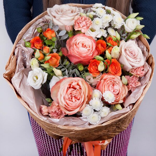 Peony rose Kahala 50 cm - 3, Rose Powder 50 cm Ecuador (Quicksand, Menta) - 2, Athos poms Stallion - 2, Spray rose: yellow, orange 50 cm - 2, lisianthus - 1, Pink spray carnation - 3, Pistachio, Paper luxury, Ribbon