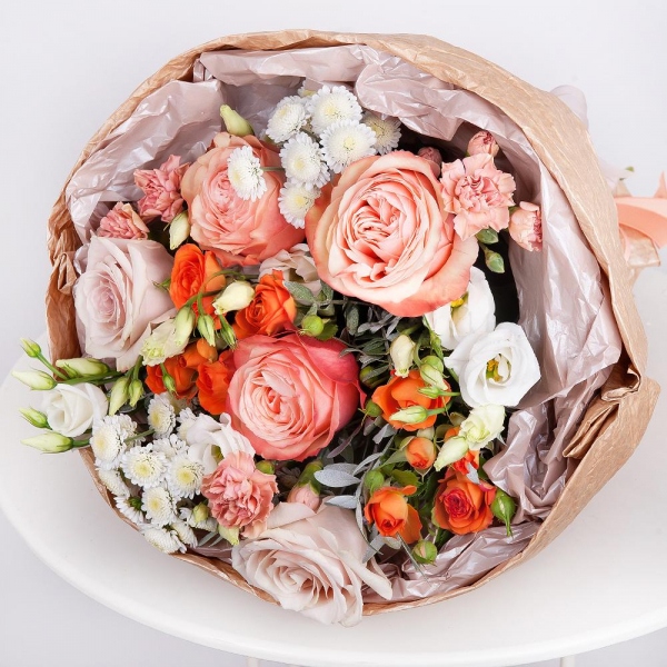 Peony rose Kahala 50 cm - 3, Rose Powder 50 cm Ecuador (Quicksand, Menta) - 2, Athos poms Stallion - 2, Spray rose: yellow, orange 50 cm - 2, lisianthus - 1, Pink spray carnation - 3, Pistachio, Paper luxury, Ribbon