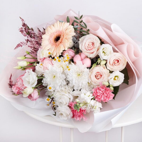 Cream gerbera - 1, Baltica White Spray Chrysanthemum - 1, Peony sprayrose - 2, Pink rose 50 cm - 3, Pink carnation - 2, lisianthus - 2, White Matthiola - 1, Chamomile - 1, Pistachio, Cotton bud, Fern (1 pc.), Dried flowers decor, Wrapping Paper