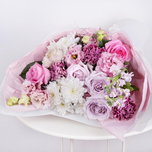 Lilac rose Bounty Way, 50 cm - 5, Pink rose 50 cm - 5, Lilac carnation - 5, Baltica White Spray Chrysanthemum - 3, lisianthus - 1, Pink Matthiola - 3, Pink Lisianthus (Eustoma) - 2, Pistachio, Wrapping Paper
