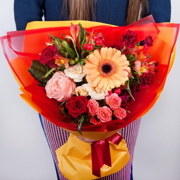 Gerbera daisies - 2, Carnation spray - 3, Spray rose: white, cream, light pink 50 cm - 1, Peony rose Kahala 50 cm - 1, Red rose 50 cm - 3, Alstromeria Yellow, Orange - 4, Bright pink spray rose mix, 50 cm - 2, Hypericum, Wrapping Paper