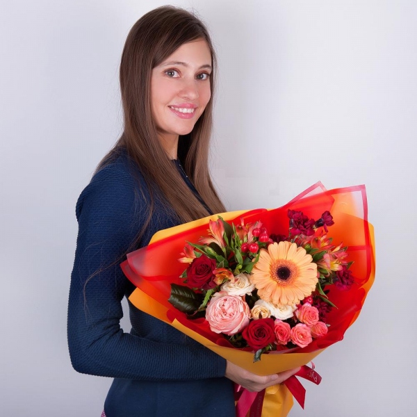 Gerbera daisies - 2, Carnation spray - 3, Spray rose: white, cream, light pink 50 cm - 1, Peony rose Kahala 50 cm - 1, Red rose 50 cm - 3, Alstromeria Yellow, Orange - 4, Bright pink spray rose mix, 50 cm - 2, Hypericum, Wrapping Paper