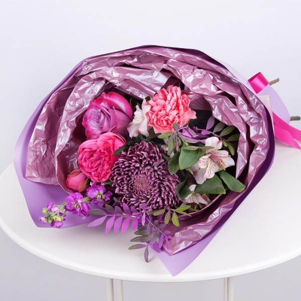 Chrysanthemum Bigoudi purple - 1, Matthiola Lilac - 1, Pink carnation - 1, Deep Purple rose - 3, Spray peony rose  - 1, Alstromeria white, soft pink - 1, Pistachio, Wrapping Paper, Ribbon