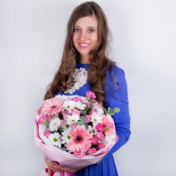 Gerbera pink - 3, Bacardi White Spray Chrysanthemum - 3, Pink spray carnation - 3, Alstromeria white, soft pink - 2, Bright pink spray rose mix, 50 cm - 2, Eucalyptus Cinerea, Wrapping Paper