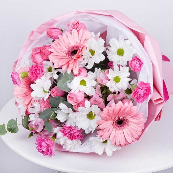 Gerbera pink - 3, Bacardi White Spray Chrysanthemum - 3, Pink spray carnation - 3, Alstromeria white, soft pink - 2, Bright pink spray rose mix, 50 cm - 2, Eucalyptus Cinerea, Wrapping Paper