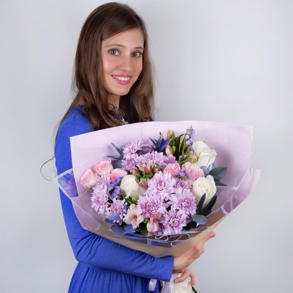 Baltica Pink Spray Chrysanthemum - 3, White rose 50 cm - 3, Peony sprayrose - 2, Alstromeria white, soft pink - 3, Blue Statice, Ruscus, Wrapping Paper, Ribbon