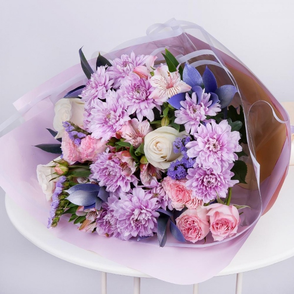 Baltica Pink Spray Chrysanthemum - 3, White rose 50 cm - 3, Peony sprayrose - 2, Alstromeria white, soft pink - 3, Blue Statice, Ruscus, Wrapping Paper, Ribbon