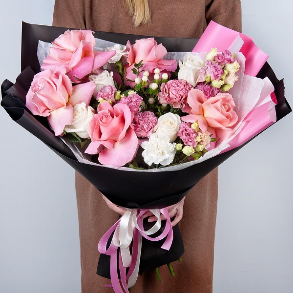 Rose Pink 50 cm Ecuador (Chelo, Hermosa, Novia, Titanik, Engagement, Pink Mondiale) - 5, White rose 50 cm - 3, Pink carnation - 3, Pink Lisianthus (Eustoma) - 2, Carnation white, cream - 2, Hypericum, Pistachio, Wrapping Paper