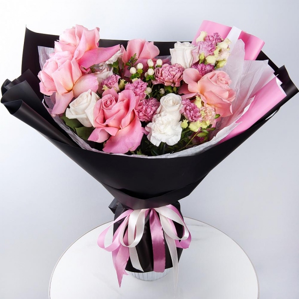 Rose Pink 50 cm Ecuador (Chelo, Hermosa, Novia, Titanik, Engagement, Pink Mondiale) - 5, White rose 50 cm - 3, Pink carnation - 3, Pink Lisianthus (Eustoma) - 2, Carnation white, cream - 2, Hypericum, Pistachio, Wrapping Paper