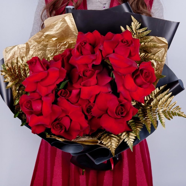 Rose Red 50 cm Ecuador - 11, Fern (1 pc.), Wrapping Paper