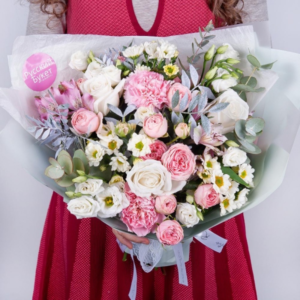 Santini White Spray Chrysanthemum - 4, Alstromeria white, soft pink - 3, Pink carnation - 3, White rose 50 cm - 4, Peony sprayrose - 3, lisianthus - 3, Pistachio, Eucalyptus Cinerea, Wrapping Paper