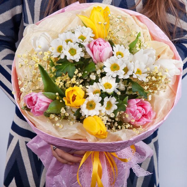 Santini White Spray Chrysanthemum - 3, Gypsophila - 1, Yellow tulip - 3, Tulip white - 3, Pink tulip - 3, Wrapping Paper