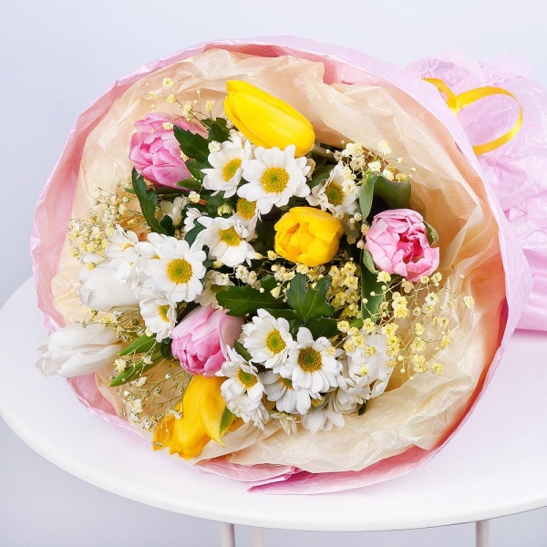 Santini White Spray Chrysanthemum - 3, Gypsophila - 1, Yellow tulip - 3, Tulip white - 3, Pink tulip - 3, Wrapping Paper