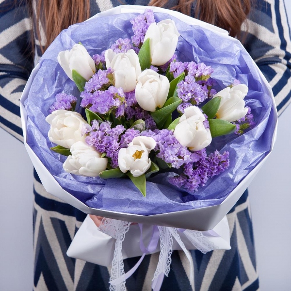 Tulip white - 13, Blue Statice, Wrapping Paper