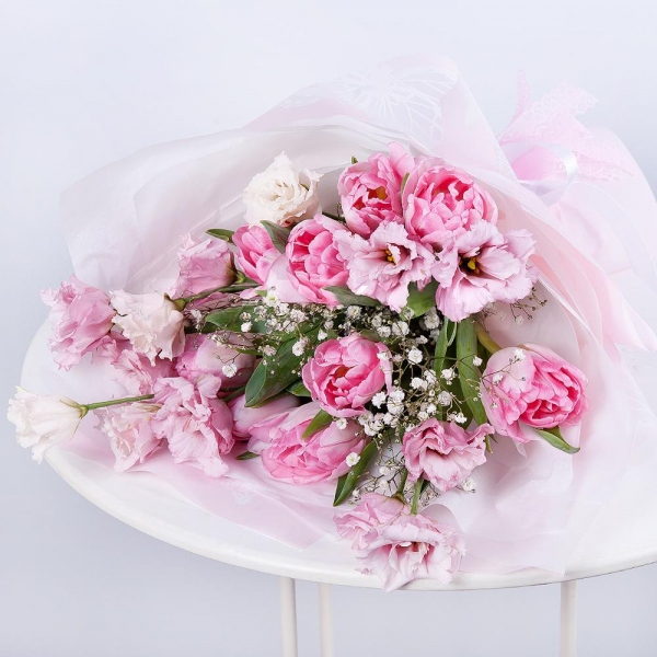 Pink Lisianthus (Eustoma) - 3, Gypsophila - 2, Pink tulip - 12, Wrapping Paper