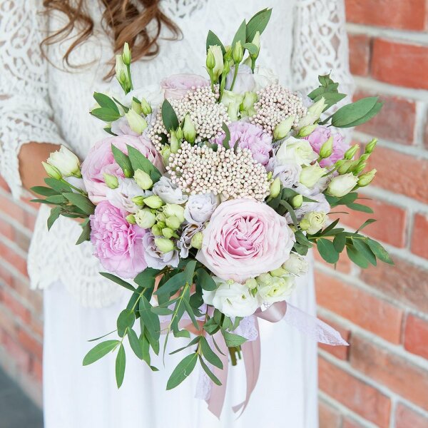 Peony rose pink 'OHara' - 3, Pink carnation - 4, lisianthus - 2, Spray rose: white, cream, light pink 50 cm - 3, Purple Lisianthus (Eustoma) - 2, Ozotamnus, Eucalyptus parvifolia (1 pc.), Ribbon