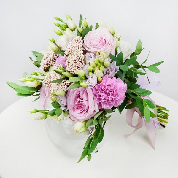 Peony rose pink 'OHara' - 3, Pink carnation - 4, lisianthus - 2, Spray rose: white, cream, light pink 50 cm - 3, Purple Lisianthus (Eustoma) - 2, Ozotamnus, Eucalyptus parvifolia (1 pc.), Ribbon