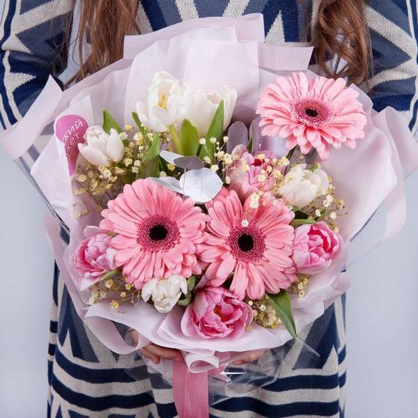 Tulip white - 7, Gerbera pink - 5, Gypsophila - 1, Pink tulip - 7, Eucalyptus Cinerea, Wrapping Paper, Ribbon