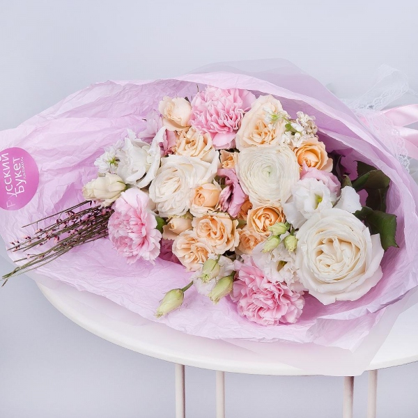 White rose 50 cm - 2, Ranunculus White - 1, Pink carnation - 3, Spray rose: white, cream, light pink 50 cm - 3, lisianthus - 2, Pink Lisianthus (Eustoma) - 1, Genista, Wrapping Paper