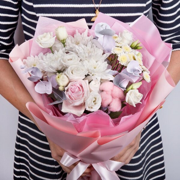 Baltica White Spray Chrysanthemum - 1, Athos poms Stallion - 1, lisianthus - 2, Pink rose 50 cm - 1, Eucalyptus Cinerea, Cotton bud, Wrapping Paper
