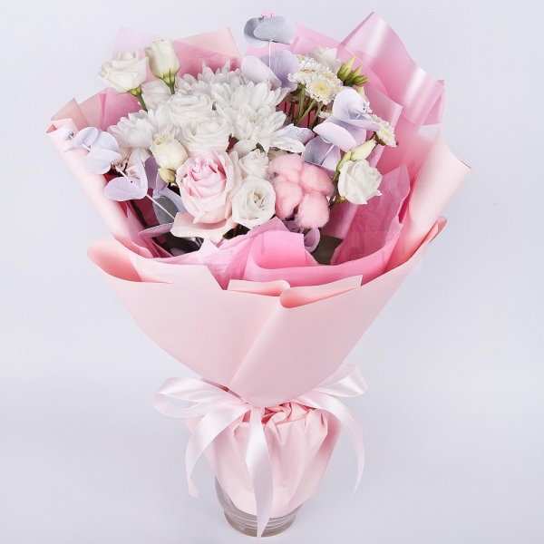 Baltica White Spray Chrysanthemum - 1, Athos poms Stallion - 1, lisianthus - 2, Pink rose 50 cm - 1, Eucalyptus Cinerea, Cotton bud, Wrapping Paper