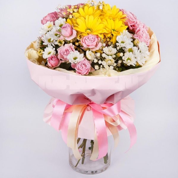 Peony sprayrose - 3, Bacardi Yellow Spray Chrysanthemum - 1, Santini White Spray Chrysanthemum - 3, Gypsophila - 1, Wrapping Paper, Ribbon