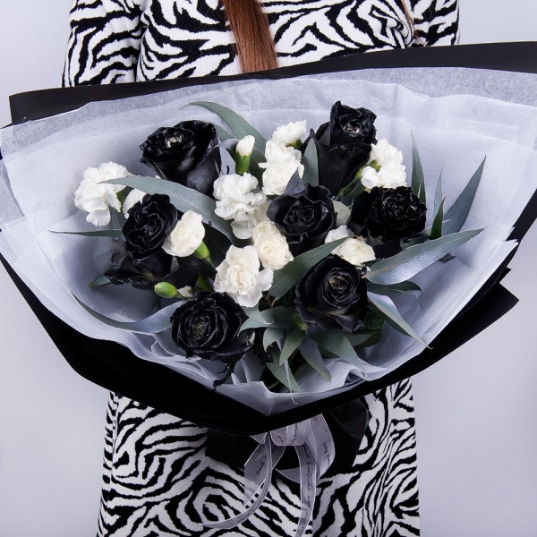 Rose black - 9, White spray carnation - 8, Eucalyptus, Wrapping Paper