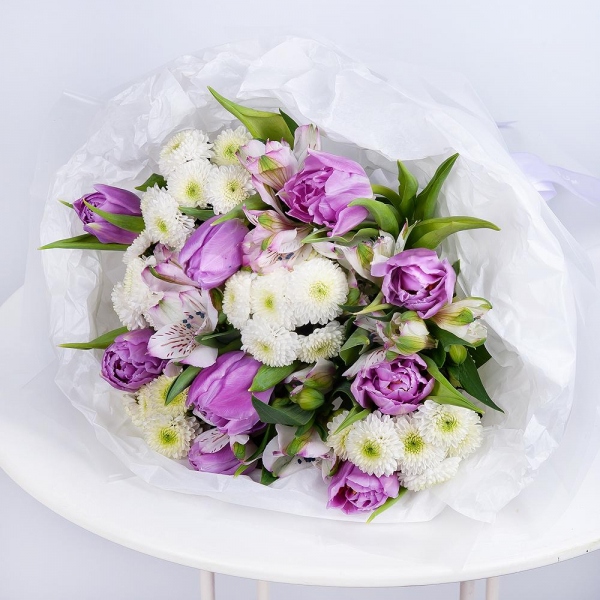 Newton White Spray Chrysanthemum - 5, Lilac tulip - 13, Alstromeria lilac, purple - 6, Wrapping Paper, Ribbon
