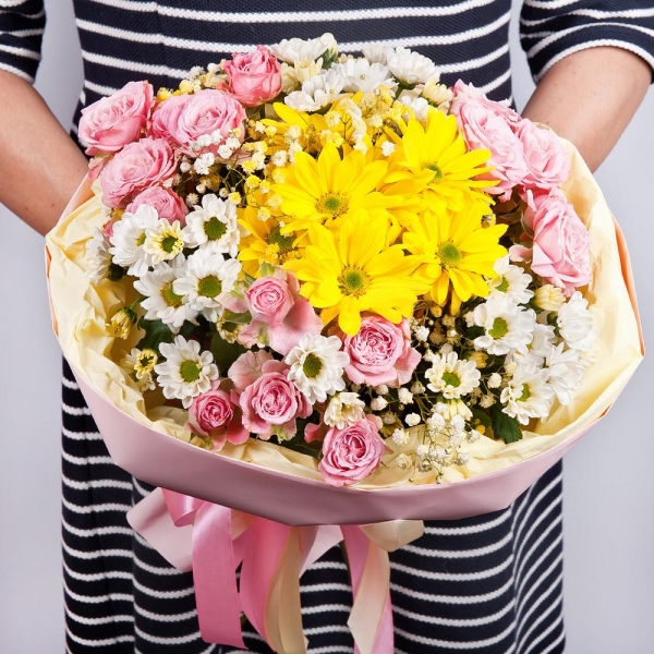 Peony sprayrose - 4, Bacardi Yellow Spray Chrysanthemum - 3, Santini White Spray Chrysanthemum - 4, Gypsophila - 1, Wrapping Paper, Ribbon