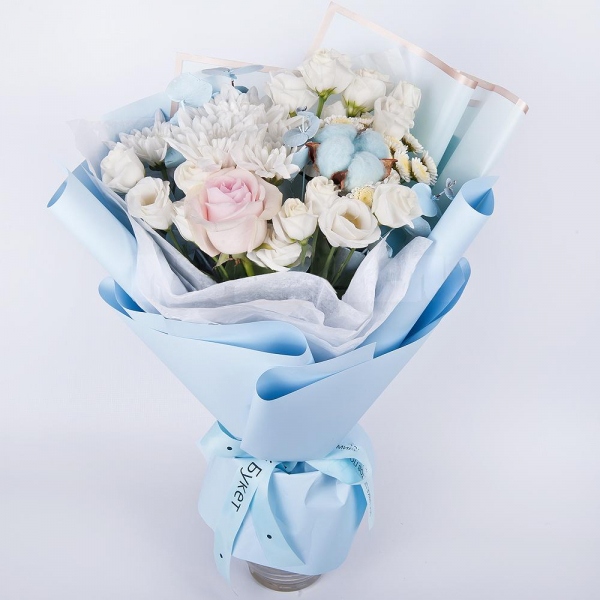 Baltica White Spray Chrysanthemum - 2, Athos poms Stallion - 2, lisianthus - 3, Pink rose 50 cm - 1, Eucalyptus Cinerea, Cotton bud, Wrapping Paper, Ribbon