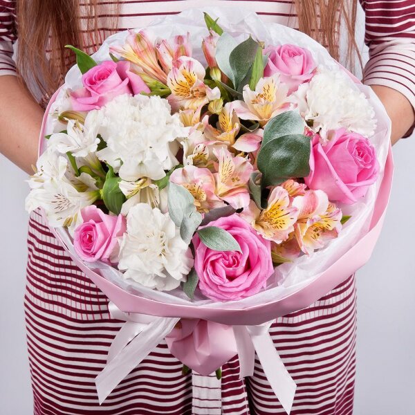 Pink rose 50 cm - 5, Carnation white, cream - 3, Alstromeria white, soft pink - 5, Ruscus, Wrapping Paper, Ribbon