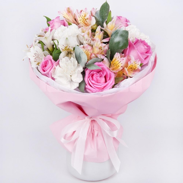 Pink rose 50 cm - 5, Carnation white, cream - 3, Alstromeria white, soft pink - 5, Ruscus, Wrapping Paper, Ribbon