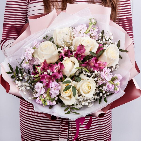 Alstromeria lilac, purple - 4, White rose 50 cm - 7, Gypsophila - 1, Matthiola Lilac - 4, Pistachio, Wrapping Paper, Ribbon