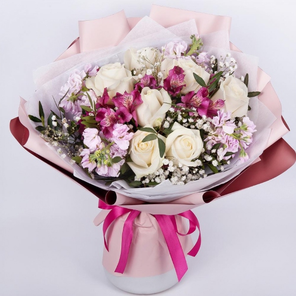 Alstromeria lilac, purple - 4, White rose 50 cm - 7, Gypsophila - 1, Matthiola Lilac - 4, Pistachio, Wrapping Paper, Ribbon