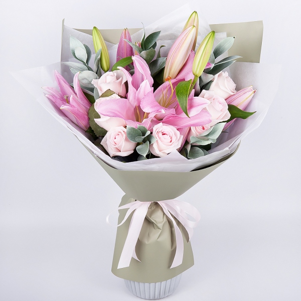 Pink rose 50 cm - 9, Pink lily - 3, Ruscus, Wrapping Paper, Ribbon