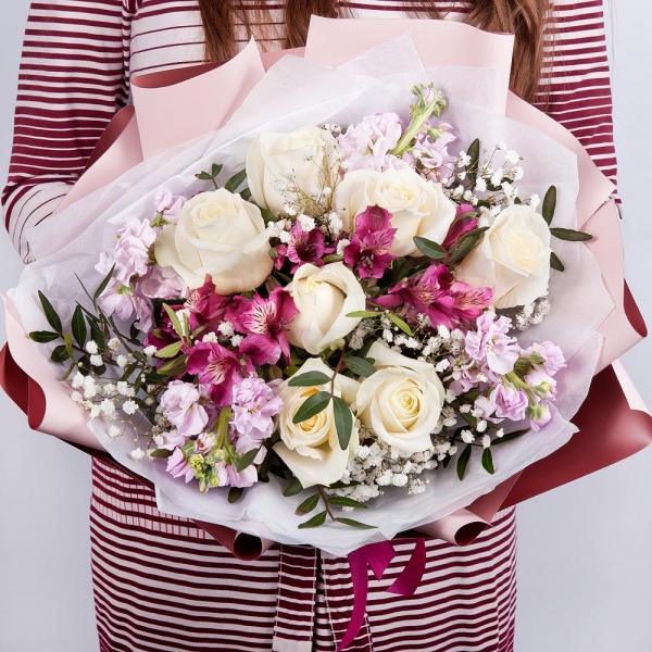 Alstromeria lilac, purple - 8, White rose 50 cm - 11, Gypsophila - 1, Matthiola Lilac - 4, Pistachio, Wrapping Paper, Ribbon