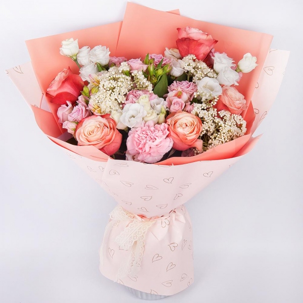 Peony rose Kahala 50 cm - 5, Bright pink spray rose mix, 50 cm - 3, Alstromeria white, soft pink - 3, lisianthus - 2, Pink carnation - 6, Ozotamnus, Wrapping Paper