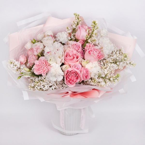 Rose Pink 50 cm Ecuador (Chelo, Hermosa, Novia, Titanik, Engagement, Pink Mondiale) - 9, Pink carnation - 5, Peony white - 3, lisianthus - 2, Peony sprayrose - 5, White Lilac - 3, Carnation white, cream - 4, Wrapping Paper