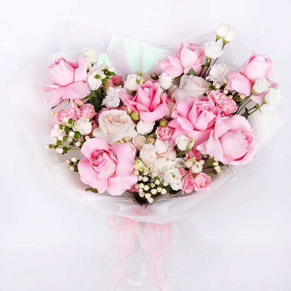 Bright pink spray rose mix, 50 cm - 6, Peony sprayrose - 4, Peony style roses - 4, Rose Pink 50 cm Ecuador (Chelo, Hermosa, Novia, Titanik, Engagement, Pink Mondiale) - 11, Pink carnation - 9, lisianthus - 5, Carnation white, cream - 10, Hypericum, Wrapping Paper