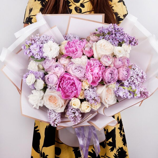 Peony pink - 3, Lilac Bush - 3, Matthiola Lilac - 4, Carnation white, cream - 9, lisianthus - 2, Spray rose: white, cream, light pink 50 cm - 3, Spray peony rose Lavander, 50 cm - 3, Peony style roses - 5, Wrapping Paper