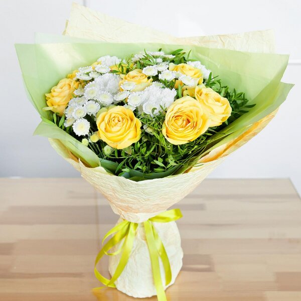 Yellow rose 50 cm - 7, Carnation white, cream - 4, Athos poms Stallion - 4, Pistachio, Wrapping Paper, Ribbon